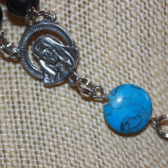 Rosary Vintage Turquois Stone Crucifix Catholic Silver Tone Cross - Picture 3 of 5